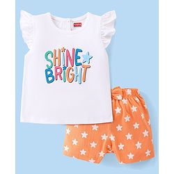 Babyhug Single Jersey Knit Half Sleeves Nightsuit with Text & Star Print - White & Orange