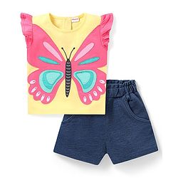 Babyhug Single Jersey Knit Frill Sleeves Top & Denim Shorts Set with Butterfly Patch - Yellow
