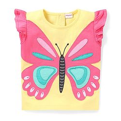 Babyhug Single Jersey Knit Frill Sleeves Top & Denim Shorts Set with Butterfly Patch - Yellow