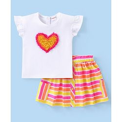 Babyhug Cotton Knit Frill Sleeves Heart Applique Top & Striped Skirt Set - Multicolor