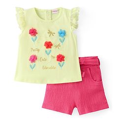 Babyhug Cotton Knit Frill Sleeves Floral Printed Top & Shorts Set - Off White & Pink