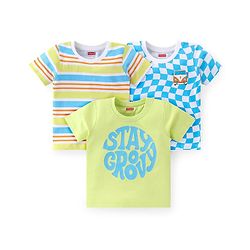 Babyhug Cotton Knit Half Sleeves T-Shirts Striped Checks & Text Graphics Pack of 3 - Green & Blue