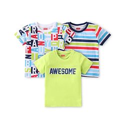 Babyhug Cotton Knit Half Sleeves T-Shirts Striped & Text Graphics Pack of 3 - Multicolour