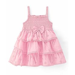 Babyhug Cambric Woven Singlet Sleeves Lace & Bow Detailing Layered Frock - Pink