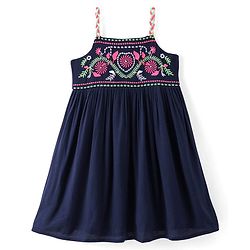 Babyhug Rayon Woven Sleeveless Frock With Floral Embroidery - Navy Blue