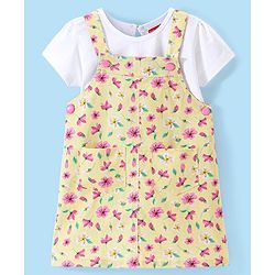 Babyhug 100% Cotton Woven Frock with Inner T-Shirt & Floral Print - Yellow & White
