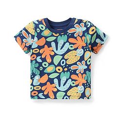 Babyhug Cotton Knit Half Sleeves Sea Life Printed Night Suit - Navy Blue