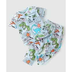 Babyhug Single Jersey Half Sleeves Night Suit Comic Strip Dino Print - Light Blue