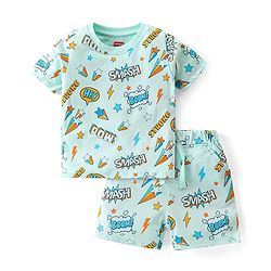 Babyhug Cotton Knit Single Jersey Half Sleeves Night Suit With Text Print - Blue