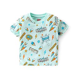 Babyhug Cotton Knit Single Jersey Half Sleeves Night Suit With Text Print - Blue