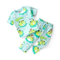 Babyhug Cotton Knit Single Jersey Half Sleeves Night Suit With Frog Print - Green & Blue