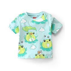 Babyhug Cotton Knit Single Jersey Half Sleeves Night Suit With Frog Print - Green & Blue