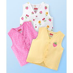 Babyhug 100% Cotton Knit Sleeveless Jhablas Polka Dot & Strawberry Print Pack of 3 - Pink White & Yellow