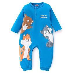 Babyhug 100% Cotton Knit Full Sleeves Romper Racoon Print - Blue