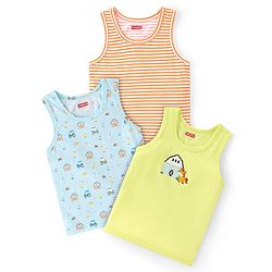 Babyhug 100% Cotton Knit Sleeveless Sando Vehicles Print Pack of 3 - Multicolour
