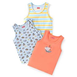 Babyhug 100% Cotton Knit Sleeveless Sando Striped & Boat Theme Print Pack Of 3 - Blue Orange & Yellow