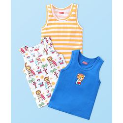 Babyhug 100% Cotton Sleeveless Sando Striped & Lion Print Pack of 3 - Multicolour