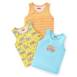 Babyhug 100% Cotton Knit Sleeveless Sandos Striped Animal & Bus Print Pack of 3 - Multicolour
