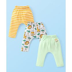 Babyhug Cotton Knit Interlock Full Length Diaper Leggings With Striped & Lion Print Pack Of 3 - Yellow Grey & Green