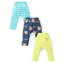 Babyhug Interlock Knit Full Length Diaper Legging Stripes & Bear Print Pack Of 3 - Blue & Green