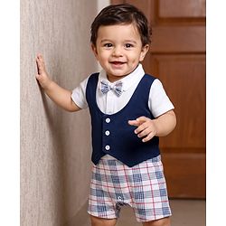 Babyhug Interlock 100% Cotton Knit Checkered Romper with Bow Applique - Navy Blue