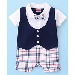Babyhug Interlock 100% Cotton Knit Checkered Romper with Bow Applique - Navy Blue