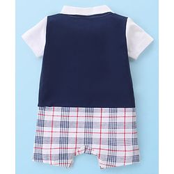 Babyhug Interlock 100% Cotton Knit Checkered Romper with Bow Applique - Navy Blue