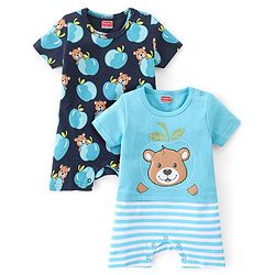 Babyhug 100% Cotton Knit Half Sleeves Romper With Bear Print Pack of 2 - Blue