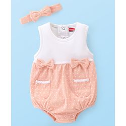 Babyhug 100% Cotton Knit Sleeveless  Onesie With Headband Polka Dot Print & Bow Applique - Peach