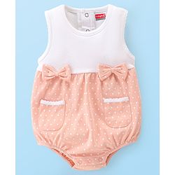 Babyhug 100% Cotton Knit Sleeveless  Onesie With Headband Polka Dot Print & Bow Applique - Peach