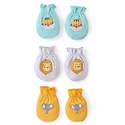Babyhug 100% Cotton Mittens Lion Print Pack Of 3 - Multicolour