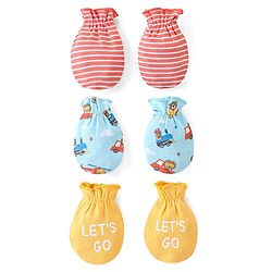 Babyhug 100% Cotton Mittens Set Striped Text & Vehicle Print Pack of 3 - Multicolour