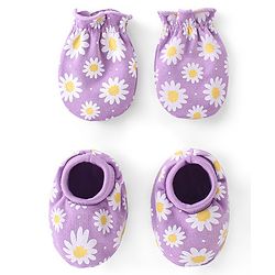 Babyhug 100% Cotton Knit Mittens & Booties Set Floral Print - Purple