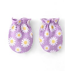 Babyhug 100% Cotton Knit Mittens & Booties Set Floral Print - Purple