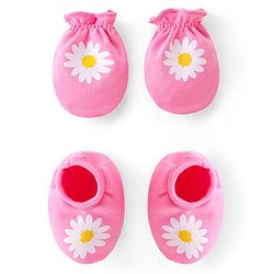 Babyhug 100% Cotton Knit Mittens & Booties Set Floral Print- Pink
