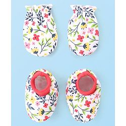 Babyhug 100% Cotton Mittens & Booties with Floral Print - White