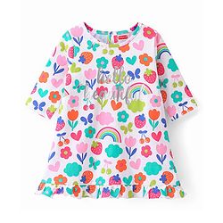 Babyhug Single Jersey Knit Three Fourth Sleeves Nighty Floral & Strawberry Print - White