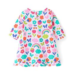 Babyhug Single Jersey Knit Three Fourth Sleeves Nighty Floral & Strawberry Print - White