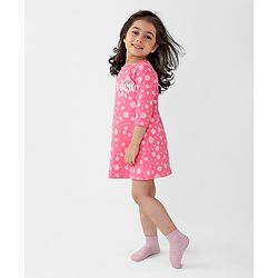 Babyhug Cotton Knit Single Jersey Three Fourth Sleeves Nighty With Text & Floral Print - Pink