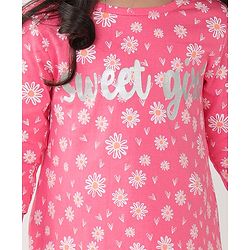 Babyhug Cotton Knit Single Jersey Three Fourth Sleeves Nighty With Text & Floral Print - Pink