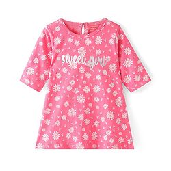 Babyhug Cotton Knit Single Jersey Three Fourth Sleeves Nighty With Text & Floral Print - Pink