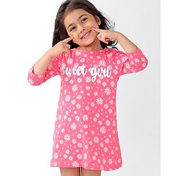 Babyhug Cotton Knit Single Jersey Three Fourth Sleeves Nighty With Text & Floral Print - Pink