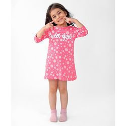 Babyhug Cotton Knit Single Jersey Three Fourth Sleeves Nighty With Text & Floral Print - Pink