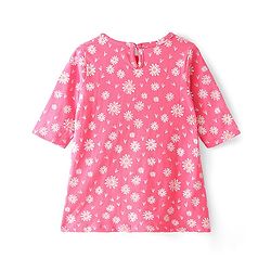 Babyhug Cotton Knit Single Jersey Three Fourth Sleeves Nighty With Text & Floral Print - Pink