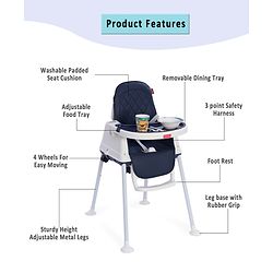 Babyhug 3 in 1 Eat & Grow Convertible High Chair - Blue| High Chair, Feeding Chair & Booster Chair| Adjustable Double Food Tray| Removable PU Leather Seat| Safety Harness| Removable Footrest