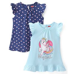 Babyhug Cotton Knit Single Jersey Frill Sleeves Nighty With Heart & Unicorn Print Pack Of 2 - Navy Blue