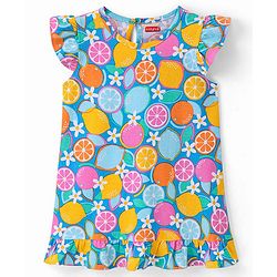 Babyhug Single Jersey Knit Frill Sleeves Nighty Floral & Orange Print - Blue