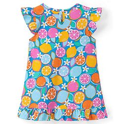 Babyhug Single Jersey Knit Frill Sleeves Nighty Floral & Orange Print - Blue