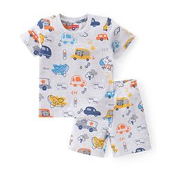 Babyhug Single Jersey Knit Half Sleeves Night Suit Car Print - White