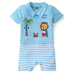 Babyhug 100% Cotton Knit Half Sleeves Romper Lion Print - Blue